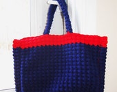 ON SALE SALE . Vintage Tote Bag . Handmade . Navy and Red Knit