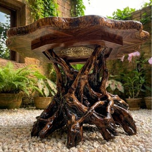 May include: A round table featuring a polished wooden top with a natural live edge and a base constructed from dark, intertwined tree roots. A circular gold-toned metal inlay with an intricate filigree pattern is centered beneath the tabletop.