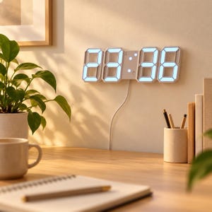 May include: A white digital wall clock with a segmented display showing glowing blue numbers. The clock features a rectangular frame with a central control panel and a white power cord extending downward from the bottom of the device.