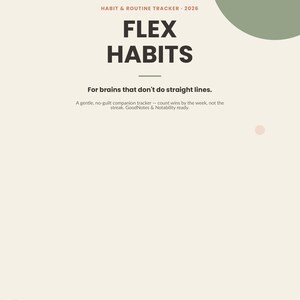 May include: A digital habit and routine tracker cover page titled FLEX HABITS, HABIT & ROUTINE TRACKER 2026, For brains that don't do straight lines, A gentle, no-guilt companion tracker, GoodNotes & Notability ready, CoPlanner, Anti-guilt digital planners for ADHD brains.