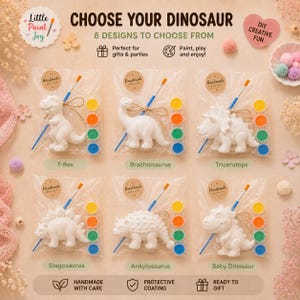 May include: Six clear plastic bags containing white dinosaur figurines, each with a blue paintbrush and a strip of five paint pots. The dinosaurs are labeled T-Rex, Brachiosaurus, Triceratops, Stegosaurus, Ankylosaurus, and Baby Dinosaur.
