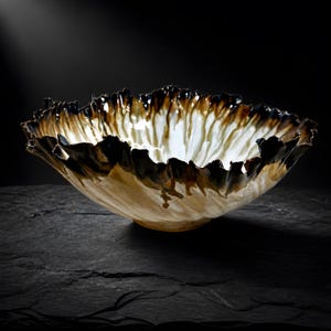 May include: A wide, shallow ceramic bowl with a ruffled, uneven rim. The interior features a white base color that transitions into deep brown and black drips cascading from the jagged edges toward the center, creating a high-contrast organic pattern.