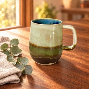 May include: A ceramic mug featuring a multi-toned glaze with a pale green upper section, a forest green middle band, and a dark brown base. The interior of the mug is a deep blue, and it includes a sturdy handle on the right side of the vessel.