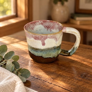 May include: A ceramic mug featuring a reactive glaze with a layered color palette. The rim is a deep reddish-pink that drips into a creamy white middle section, transitioning into a teal blue band and a dark brown base with a sturdy handle.