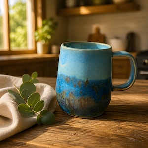 Handmade Ceramic Coffee Mug, Bluebonnet Hills Texas Landscape Glaze, 12 oz Stoneware Small Batch