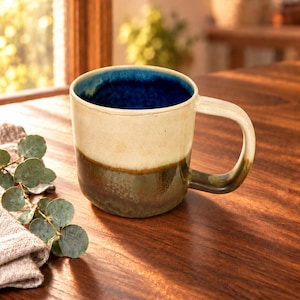 May include: A ceramic mug featuring a deep blue interior glaze, a cream-colored upper exterior, and a dark olive green lower exterior. The mug has a sturdy handle and a smooth, rounded shape, showcasing a distinct color-blocked design.