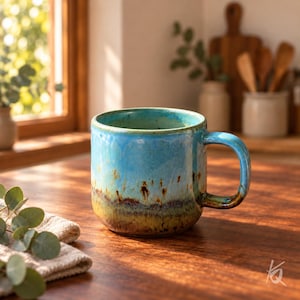 May include: A ceramic mug featuring a reactive glaze with a gradient of bright turquoise at the top, transitioning into a deep brown and earthy green at the base. The mug has a sturdy handle and a smooth, rounded cylindrical shape with a glossy finish.