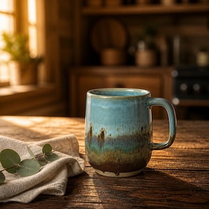 Handmade Ceramic Coffee Mug, Barton Springs Texas Landscape Glaze, 12 oz Stoneware Small Batch