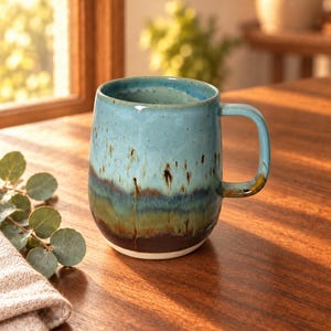 May include: A ceramic mug featuring a reactive glaze with a color gradient transitioning from light blue at the top to dark brown at the base. The mug has a rounded body, a sturdy handle, and a smooth finish with subtle vertical drip patterns.