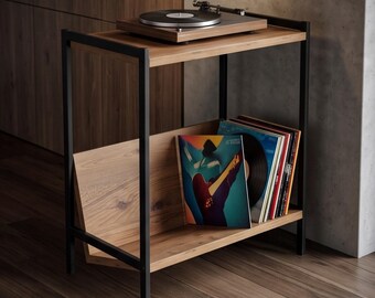 Industrial Wood Record Player Stand, Angled Album Display Console