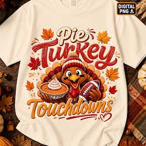 Op de afbeelding: Een crèmekleurig t-shirt met een afbeelding van een kalkoen met een gebreide muts, die een pompoentaart en een football vasthoudt. De tekst luidt Pie Turkey Touchdowns. Het ontwerp is omringd door oranje en rode herfstbladeren.
