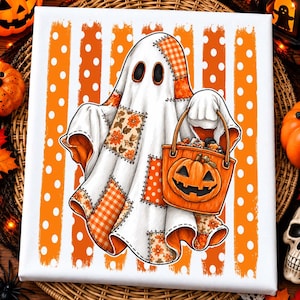 May include: A white ghost figure made of patchwork fabric with orange floral, plaid, and polka dot patterns. The ghost holds an orange pumpkin-shaped bucket filled with candy, set against a background of vertical orange and white polka dot stripes.