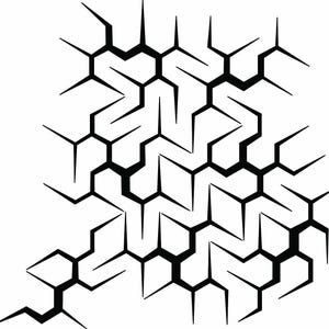 May include: A black and white graphic illustration featuring a complex, interconnected network of jagged, angular lines that form a repeating geometric pattern resembling a cracked surface or a stylised crystalline structure on a plain background.