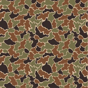 May include: A repeating camouflage pattern featuring irregular, organic shapes in shades of olive green, dark brown, tan, and black. The design consists of interlocking, rounded blobs that create a dense, multi-colored textured surface.