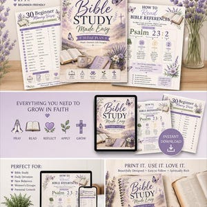 May include: A digital Bible study guide featuring a 30-day plan, memory verses, and reference instructions. The set includes printable pages with lavender floral accents, butterfly illustrations, and text titled Bible Study Made Easy.