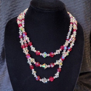 Vintage Three Strand Red and Aurora Borealis Crystal Beaded Necklace - Triple Strand Sparkling Faceted Beaded Necklace - Gift for Her-K#1289