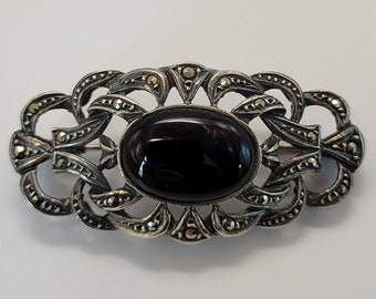 925 Silver Onyx and Marcasite Openwork Brooch- 925 Silver Onyx and Marcasite Filigree Pin- Black Onyx Jewelry- Gothic Brooch- K#52