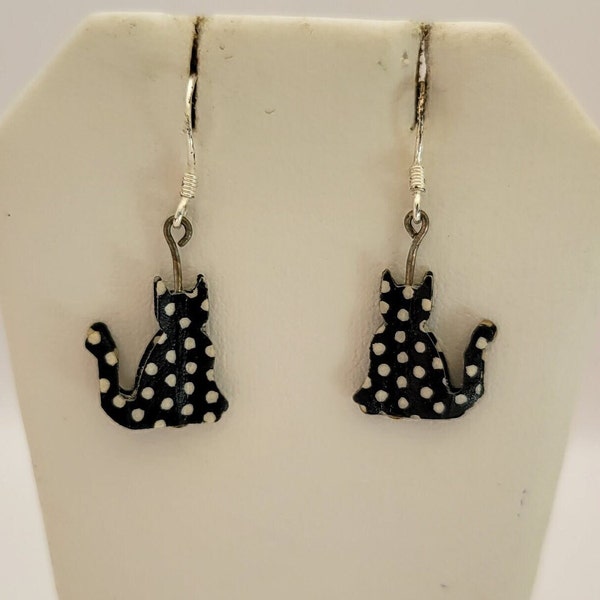 Handmade Black and White Polka Dot Cat Earrings- Card Stock Hand Crafted Black with White Dots Kitty Cat Earrings with Ear Wires- K#286