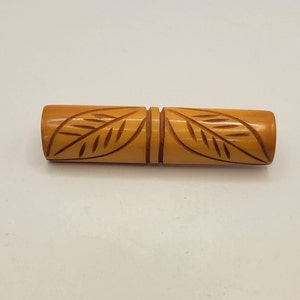 Vintage Mustard Yellow Bakelite Pin with Leaf Carvings - Butterscotch Bakelite Bar Brooch- Gift for Her- Bakelite Jewelry Collector - K#1052