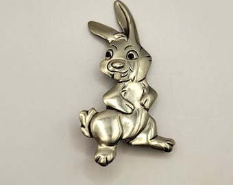 Vintage Enameled Metal Bunny Rabbit Pin - Silver Tone Cartoon Bunny Brooch - Gift for Her - Gift for Teacher - Easter Basket Gift - K#815