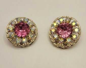 Vintage Pink and Iridescent Rhinestone Earrings - Sparkling Circle Clip-on Round Earrings - Pastel Clip Earrings - Easter Earrings - K#527