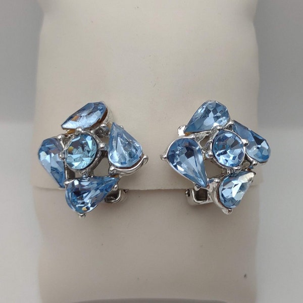 Blue Crystal Rhinestone Vintage Statement Clip Earrings- Runway Ready Sparkling Blue Clip On Earrings- Multi Shaped Geometric Earrings K#719