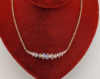 Vintage Kirks Folly Signed Aurora Borealis Crystal Graduated Faceted Bead Frontal Necklace Gold Tone