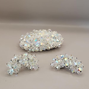 1950s Aurora Borealis Crystal Cluster Pin and Earring Set - Sparkling Large Iridescent Beaded Brooch and Curved Clip-on Earrings - K#2456