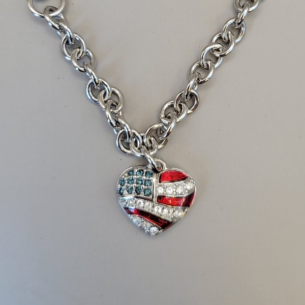 Swarovski- Crystal American Flag- Heart Bracelet- American Flag Heart Charm Bracelet- Vintage Swarovski Patriotic Bracelet- USA  K#1693