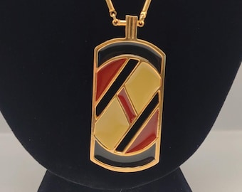Vintage Geometric Shaped Sarah Coventry Interlude Modernist MCM Design Necklace- Link Chain and Oversized Enameled Pendant- K#1863