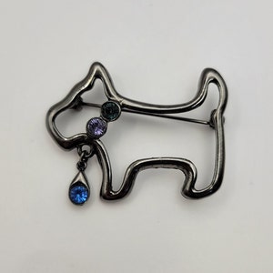 Gunmetal Tone Scottie Dog Pin -Scottish Terrier with Colored Rhinestone ColIar and Blue Drop Jewel - Open Work Scottie Dog Brooch - K#336
