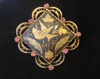 Vintage Filigree Framed Bird Damascene Brooch with Pink Crystal Accents- Damascene Jewelry- Bird Lover Gift- Jewelry Collector Gift K#936