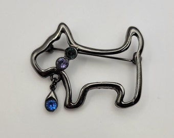 Gunmetal Tone Scottie Dog Pin -Scottish Terrier with Colored Rhinestone ColIar and Blue Drop Jewel - Open Work Scottie Dog Brooch - K#336