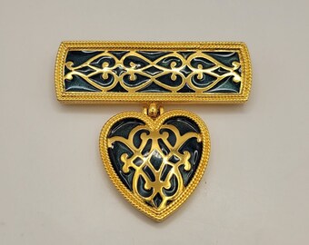 Vintage Gold Tone Heart Brooch - Ornate Green Enamel Pin