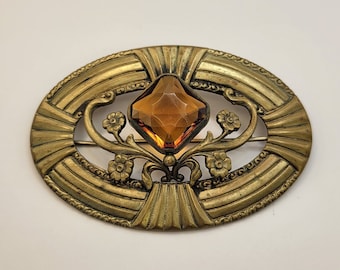 Golden Glass Art Nouveau Floral Pin - Large Openwork Orange Art Glass Brass Brooch - Vintage Costume Jewelry - Gift Wrap Topper - K#399