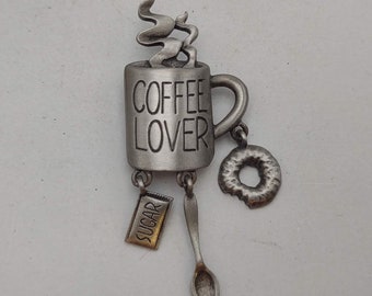 Vintage JJ Marked Jonette Jewelry Coffee Lover Mug Dangling Charms Brooch- Donut, Sugar and Spoon Charm- Gift for Her- K#200