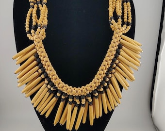 Vintage 1980s Tribal Statement Bib Necklace - Chunky Layered Wooden Bead Fringe Runway Style