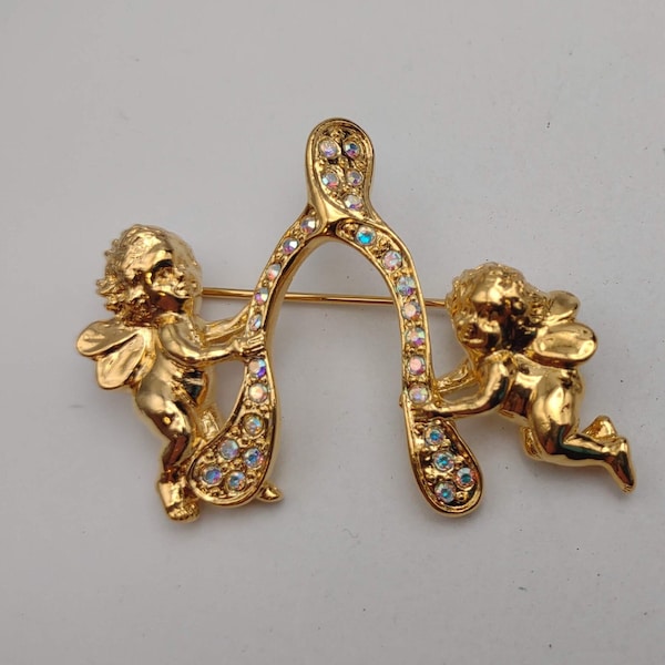 Kirks Folly Vintage Designer Cherubs and Wishbone Whimsical Sparkling Good Luck Brooch- Gold Plated Iridescent Rhinestone Angel Pin K#213