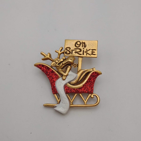 Danecraft- Christmas Reindeer on Strike Pin- Cute Funny Holiday Pin- Vintage Danecraft Whimsical Reindeer Holiday Brooch- Gift Topper K#146