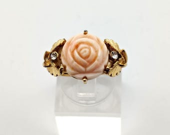 Vintage Avon 1970s Pink Rose Leaf Adjustable Ring Gold Tone Carved Resin Romantic Flower