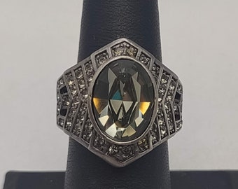 Designer La Vintage Sparkling Smoky Gray Rhinestone Chunky Statement Ring- Wide Geometric Ring- Vintage Costume Jewelry Ring S-7 K#945