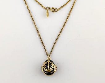 Vintage Joan Rivers Teal Enameled Fabergé Style Egg Locket Necklace Gold-Tone