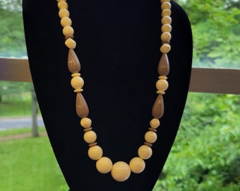 Vintage 1980s Sculptured Beaded Necklace - Cream & Taupe Plastic, 28 Inch