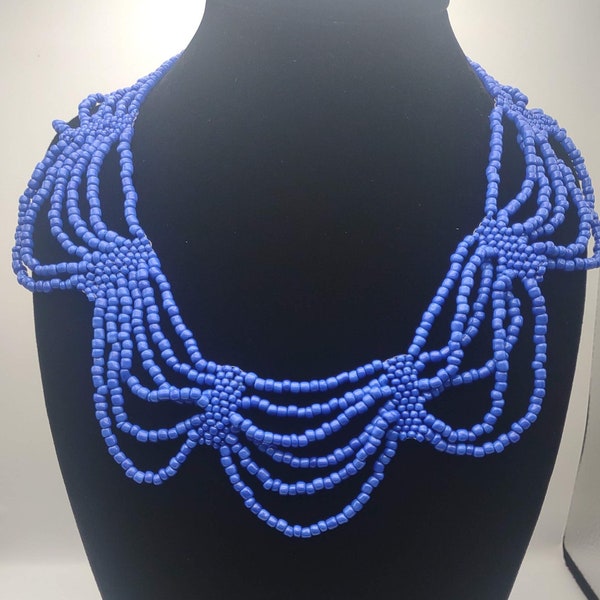 Handmade Blue Glass Beaded Collar Necklace- Vintage Beaded Bib Necklace- Blue Collar Necklace- Vintage Bead Work- Hand Made Statement K#2215