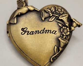 JJ Jonette Grandma Heart Locket Pin - Heart Shaped Hinged Locket with Photo Holder and &quot;With Love&quot; Engraved Inside - Signed Designer- K#2375