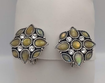 1928 Mfg Co Vintage Sage Green and Clear Rhinestone Statement Clip On Earrings- Vintage Costume Jewelry Clip Earrings- Gift Under 15 K#937