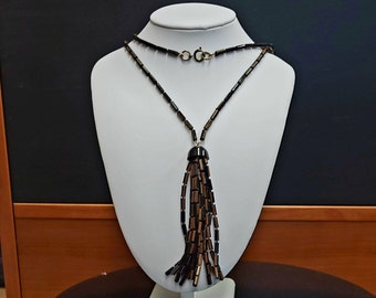 Vintage Wooden Bead and Wood Grain Plastic Beaded Tassel Necklace  - 1970s Long Dark Brown Draped Tassel Necklace - Wood Look Jewelry- K#419