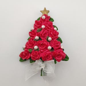 Vintage Red Floral Rose and Faux Pearl Christmas Tree Brooch with White Bow- Unique Holiday Jewelry Pin Fun Gift Topper K#1087