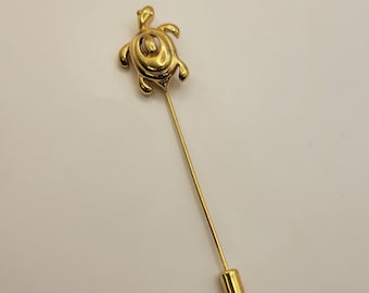 Crown TRIFARI Vintage Turtle Stick Pin - Polished Gold Tone Turtle Brooch with Rubber Stopper - Turtle Lapel Pin - Turtle Collector - K#428