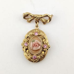 Vintage Gold-Tone Bow Locket Pin Pink Porcelain Rose Rhinestone Keepsake